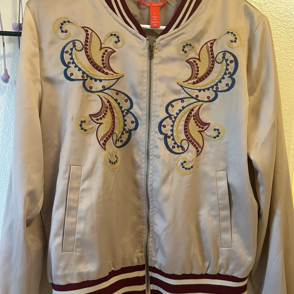 Chelsea & Violet Beige Bomber Jacket with Colorful Embroidery